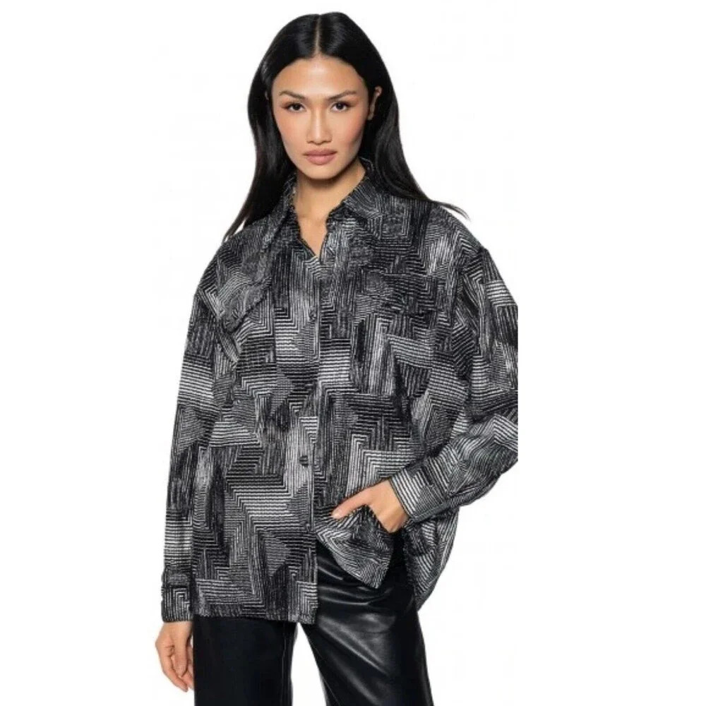 Akira Geometric Metallic Button Down Shirt Women S Black Silver Textured Edgy